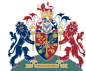 heraldry logo design of coat of arms and lions on a mount with crest